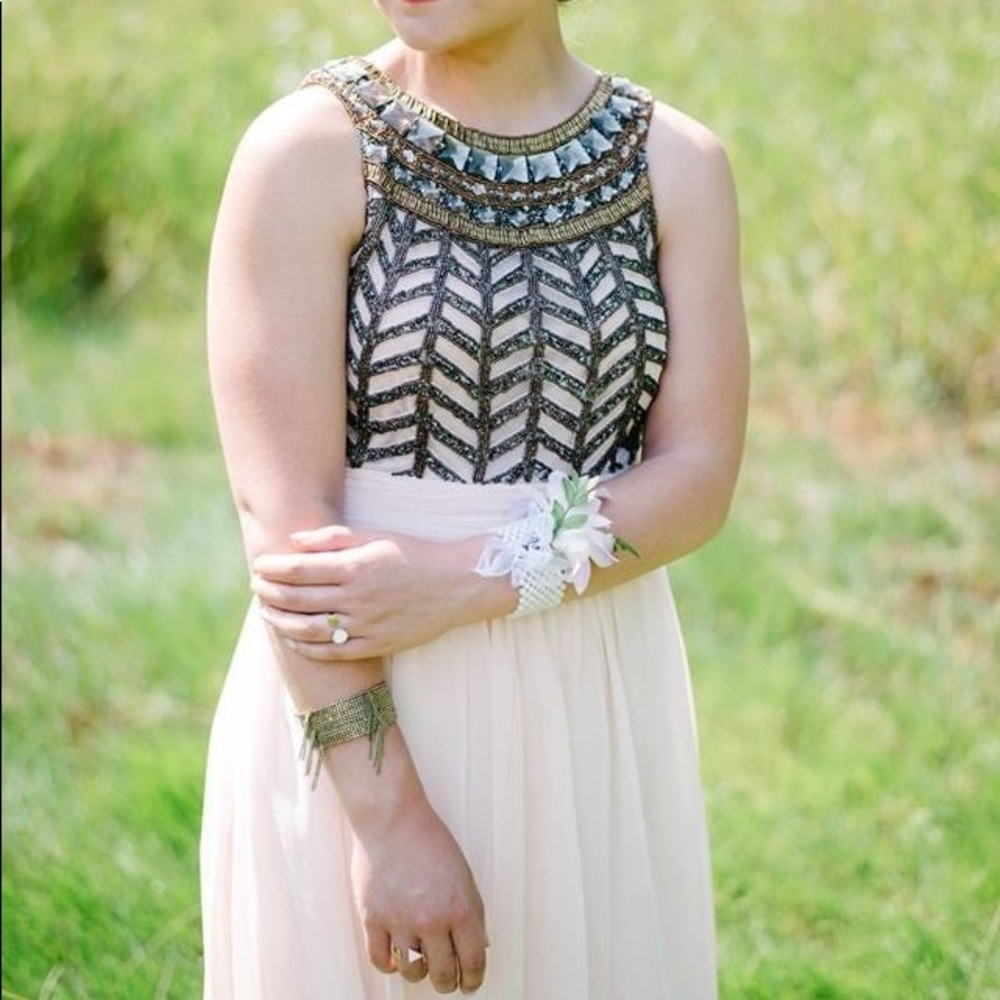 Short blush beeded prom dress